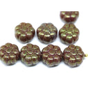 12mm Dark brown luster puffy pansy flower czech glass, 8pc