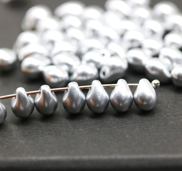 5x7mm Silver teardrop beads Czech glass drops, 50pc