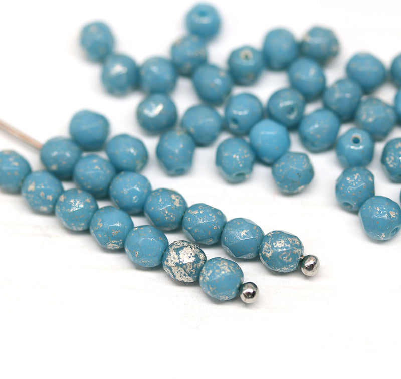 4mm Turquoise blue silver wash Czech glass fire polished round faceted spacers - 50Pc