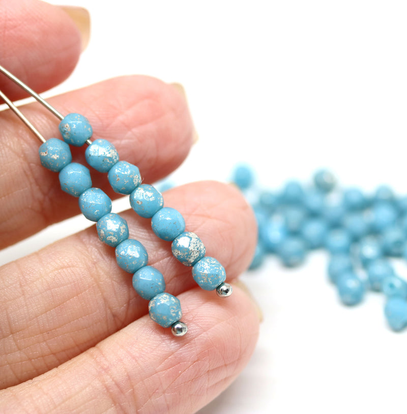 4mm Turquoise blue silver wash Czech glass fire polished round faceted spacers - 50Pc