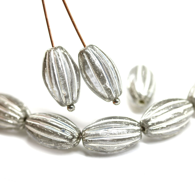 14x8mm Light gray oval Large czech glass barrel beads Silver wash, 8Pc