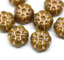12mm Yellow green copper wash puffy pansy flower czech glass, 8pc