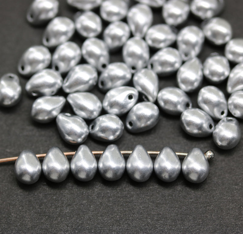 5x7mm Silver teardrop beads Czech glass drops, 50pc
