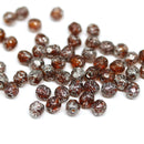 4mm Dark topaz czech glass fire polished beads silver wash - 50Pc