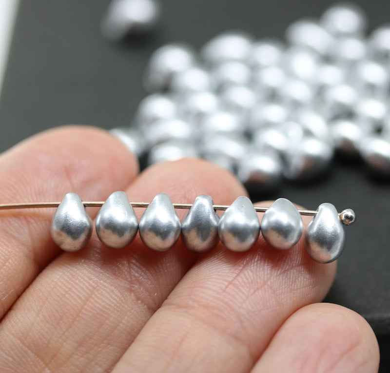 5x7mm Silver teardrop beads Czech glass drops, 50pc
