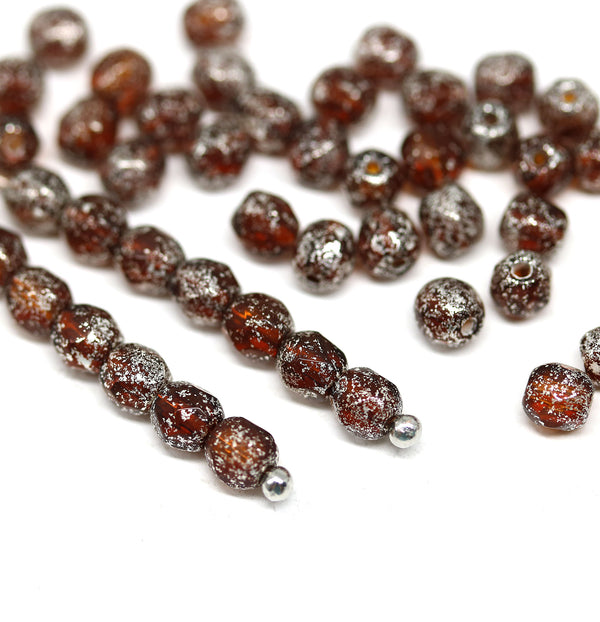 4mm Dark topaz czech glass fire polished beads silver wash - 50Pc