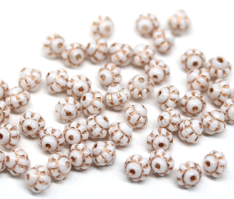 6mm White fancy Czech glass bicone beads, copper wash, 50pc