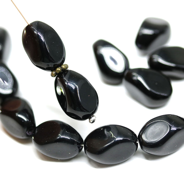 12x9mm Jet black barrel czech glass beads, 15Pc