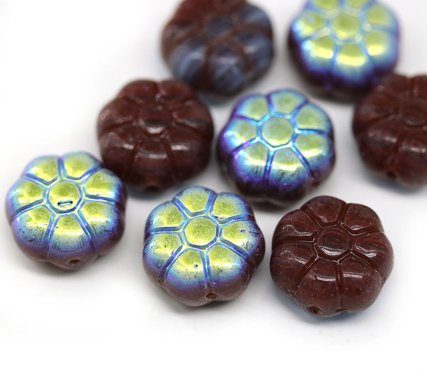 12mm Dark brown AB finish puffy pansy flower czech glass, 8pc