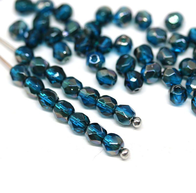 4mm Dark blue green Czech glass fire polished round faceted spacers - 50Pc