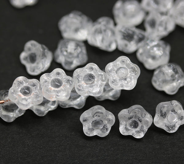 7mm Crystal clear button style flower glass beads, 25pc