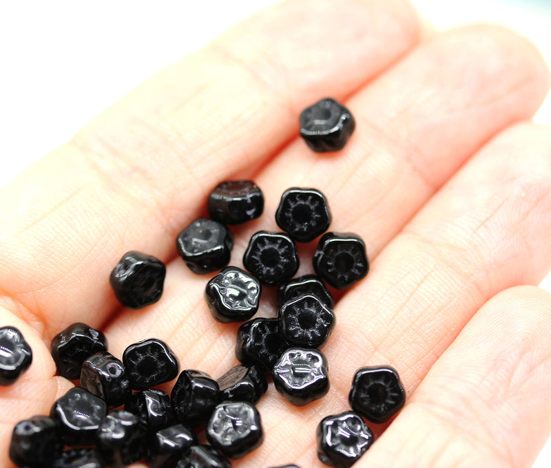 6mm Jet black daisy flower czech glass beads, 40pc