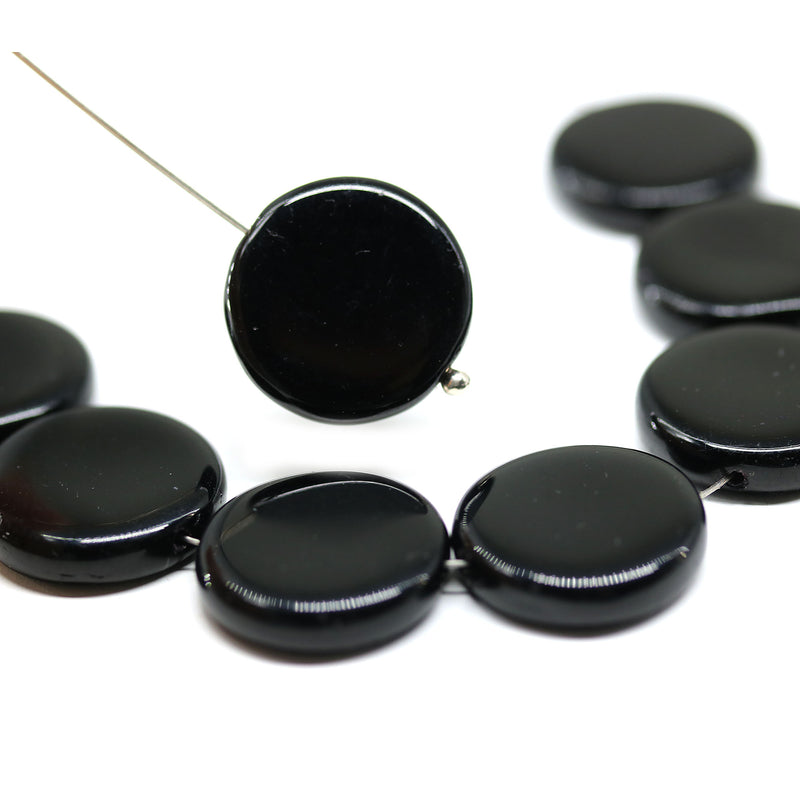 17mm Jet black czech glass coin beads round tablet shape - 8Pc