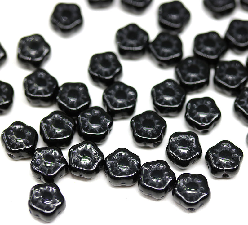 6mm Jet black daisy flower czech glass beads, 40pc