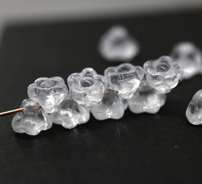 7mm Crystal clear button style flower glass beads, 25pc