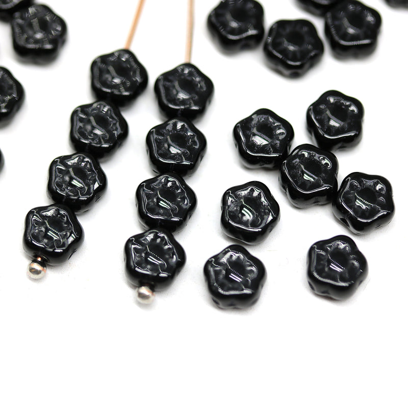 6mm Jet black daisy flower czech glass beads, 40pc