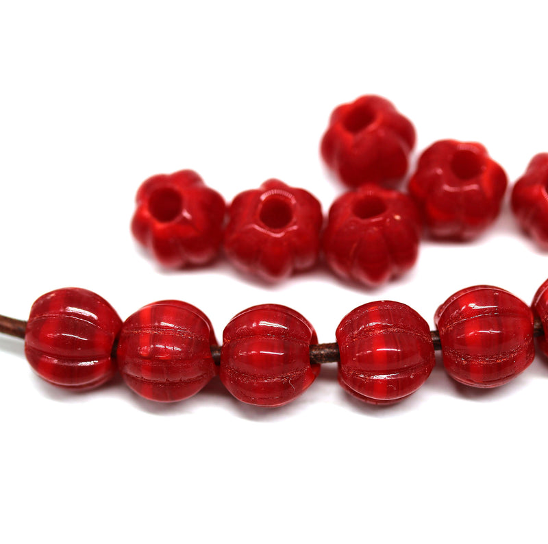 2.5mm hole Red mixed 8mm melon shape beads - 15pc