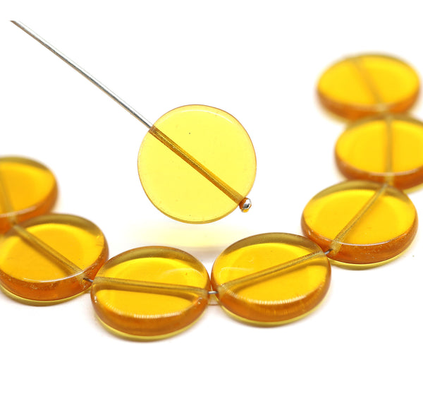 17mm Amber yellow czech glass coin beads round tablet shape - 8Pc