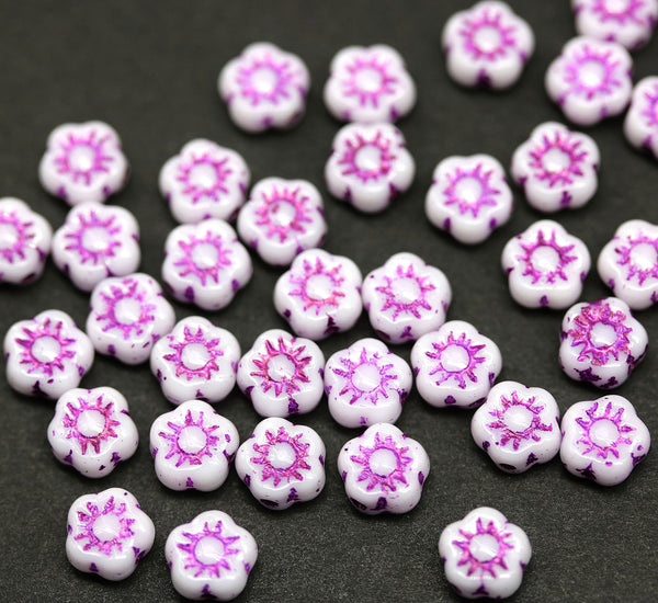 6mm White daisy flower czech glass beads, purple inlays, 40pc