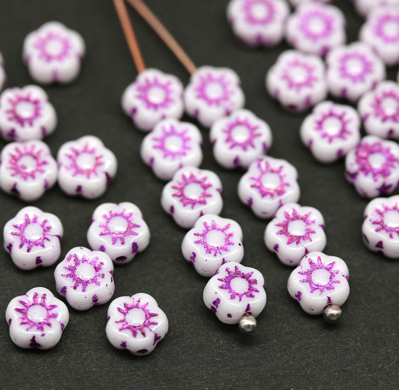 6mm White daisy flower czech glass beads, purple inlays, 40pc