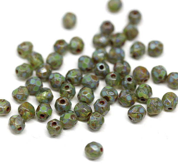 4mm Picasso green Czech glass fire polished round faceted spacers - 50Pc