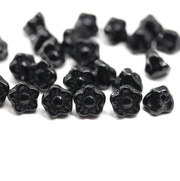 7mm Black button style flower glass beads, 25pc