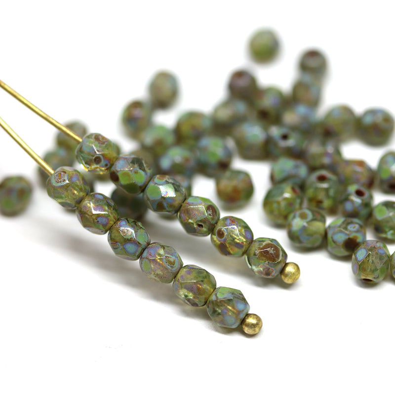 4mm Picasso green Czech glass fire polished round faceted spacers - 50Pc