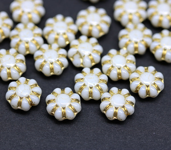 9mm Off white Czech glass daisy flower beads, gold wash, 20pc