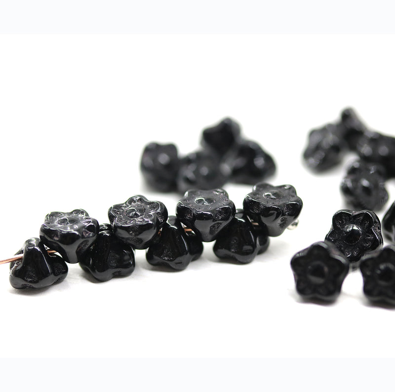 7mm Black button style flower glass beads, 25pc