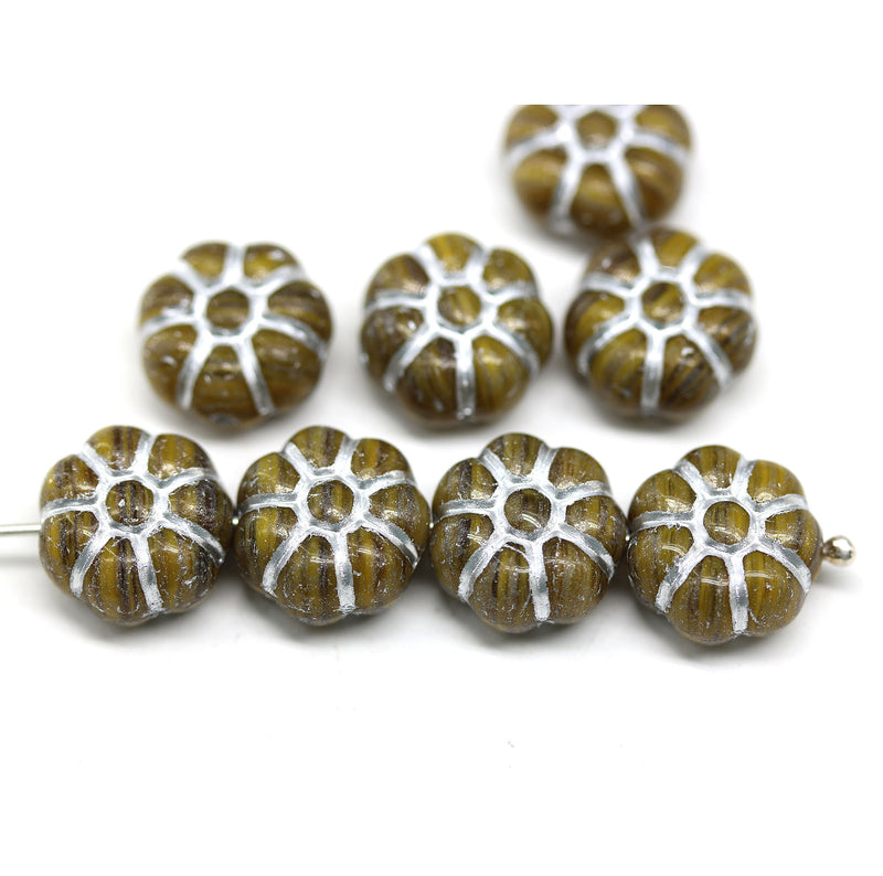 12mm Olive green silver wash puffy pansy flower czech glass, 8pc