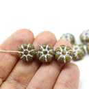 12mm Olive green silver wash puffy pansy flower czech glass, 8pc