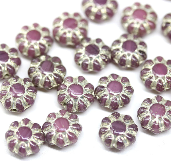 9mm purple violet Czech glass daisy flower beads silver inlays, 20pc