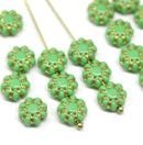 9mm Opaque green Czech glass daisy flower beads gold wash, 20pc