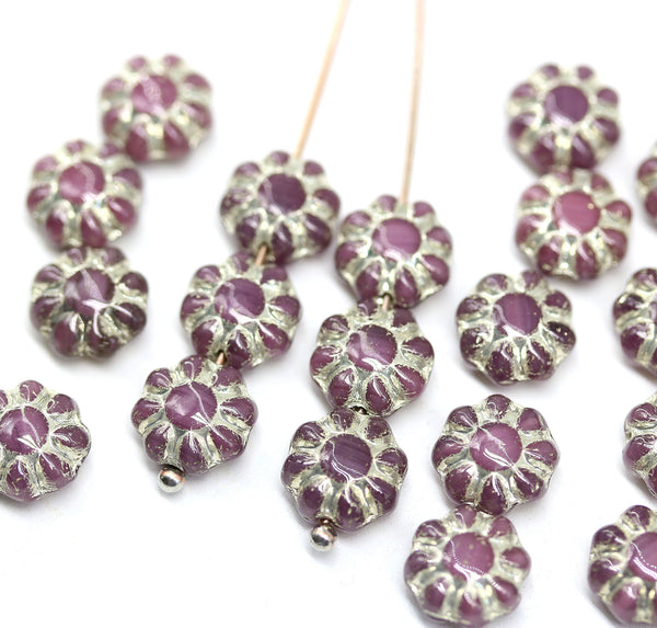 9mm purple violet Czech glass daisy flower beads silver inlays, 20pc