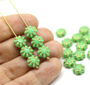 9mm Opaque green Czech glass daisy flower beads gold wash, 20pc