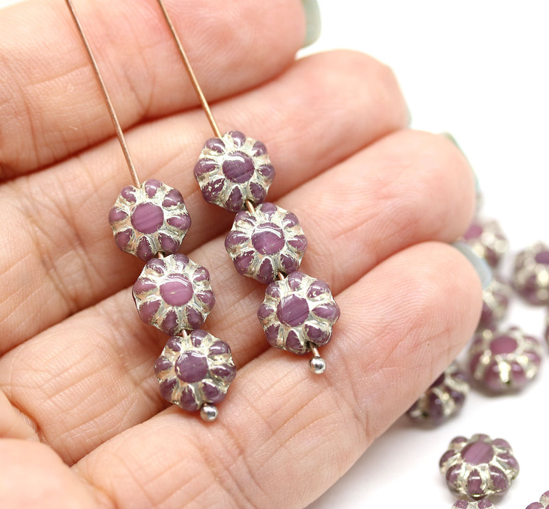 9mm purple violet Czech glass daisy flower beads silver inlays, 20pc