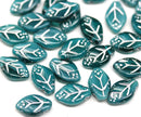 12x7mm Dark teal leaf beads Czech glass pressed, silver wash, 30Pc