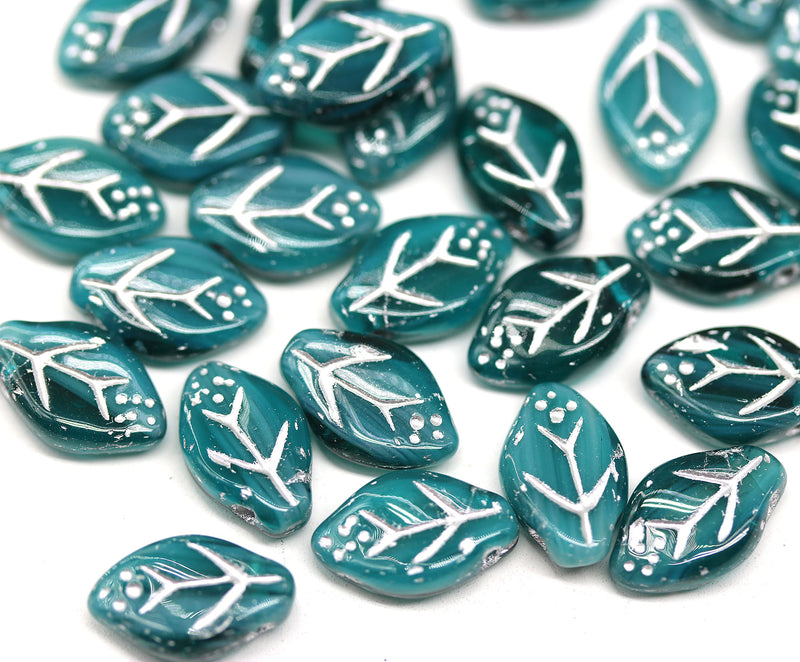 12x7mm Dark teal leaf beads Czech glass pressed, silver wash, 30Pc