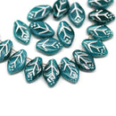 12x7mm Dark teal leaf beads Czech glass pressed, silver wash, 30Pc