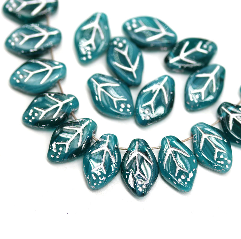 12x7mm Dark teal leaf beads Czech glass pressed, silver wash, 30Pc