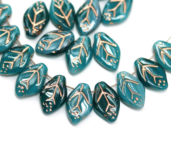 12x7mm Dark teal leaf beads Czech glass pressed, 30Pc