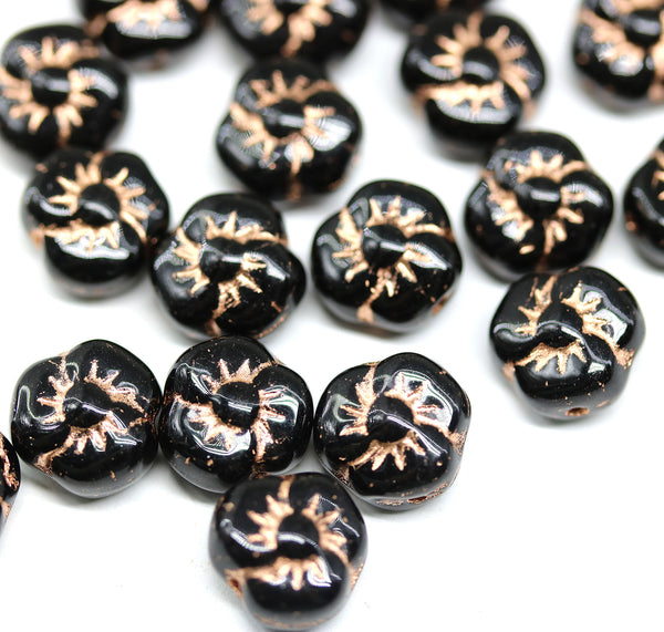 9mm Black flower czech glass copper wash three petal daisy, 20Pc