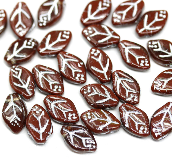 12x7mm Dark brown leaf beads Czech glass pressed, silver wash, 30Pc