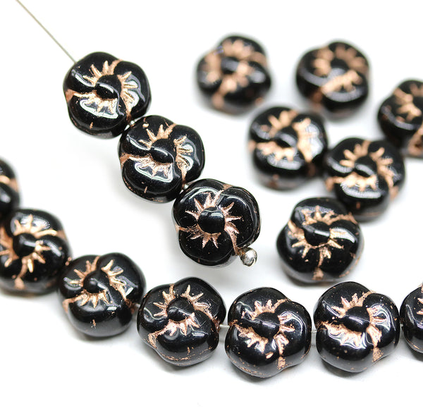 9mm Black flower czech glass copper wash three petal daisy, 20Pc