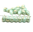 6x9mm Mint czech glass teardrop beads, golden flakes, 20pc