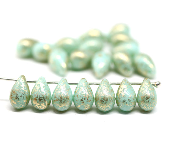 6x9mm Mint czech glass teardrop beads, golden flakes, 20pc