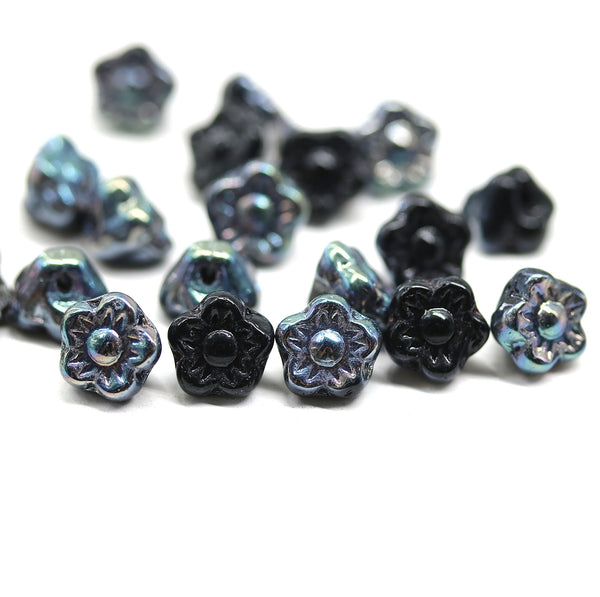 7mm Black button style flower glass beads, Iris luster, 25pc