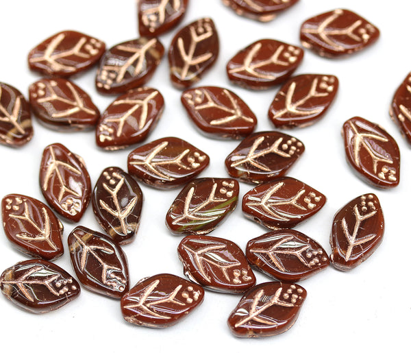 12x7mm Dark brown leaf beads Czech glass pressed, copper wash, 30Pc