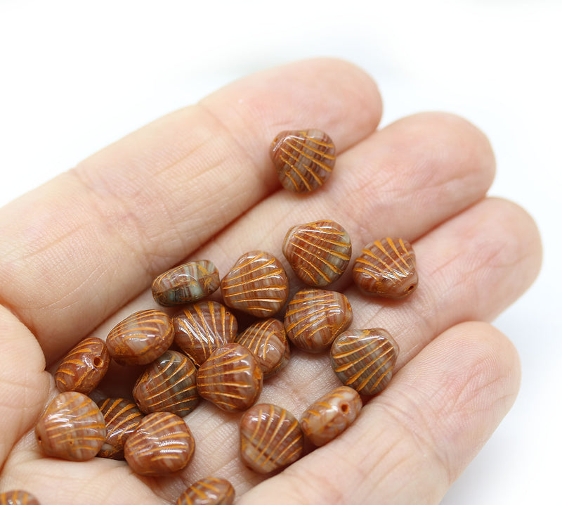 9mm Brown czech glass shell beads -20pc