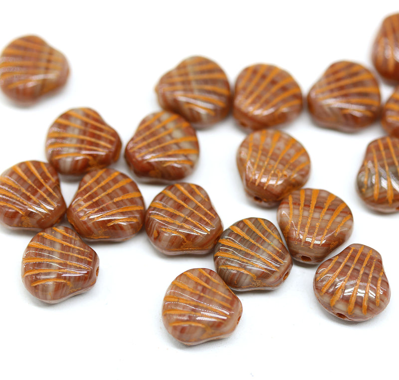 9mm Brown czech glass shell beads -20pc